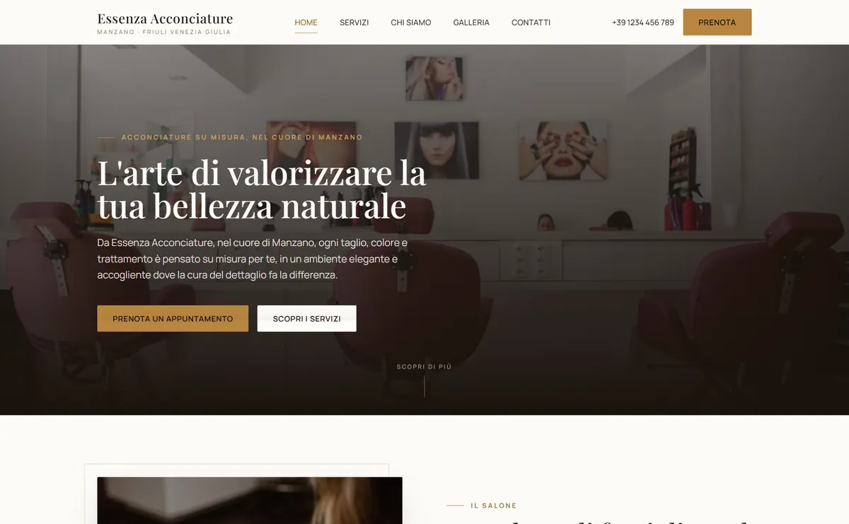 Homepage del sito demo Essenza Acconciature