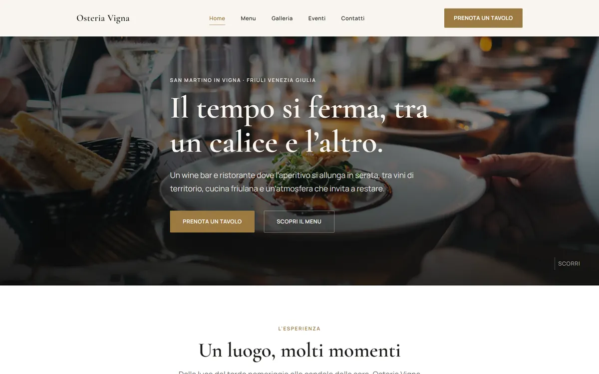 Homepage del sito demo Osteria Vigna